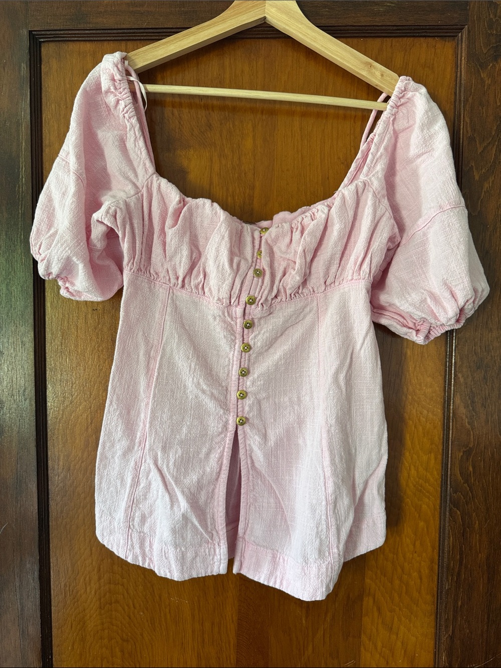 Free People Light Pink Puff-Sleeve Button Front Blouse